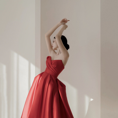 Red satin short prom dress cute party dress - Thumbnail 1