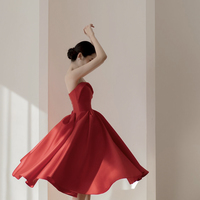 Red satin short prom dress cute party dress - Thumbnail 1