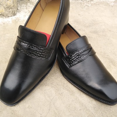 Luxury men's hand stitch black moccasin shoes, loafer on slips leather shoes - Thumbnail 3