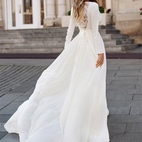White Simple Wedding Dress Long Sleeve 2022 Boho Bridal Gown V-Neck Long Bride Dresses Plus Size Vintage Bohemian Appliqued Back，1377 - Thumbnail 1