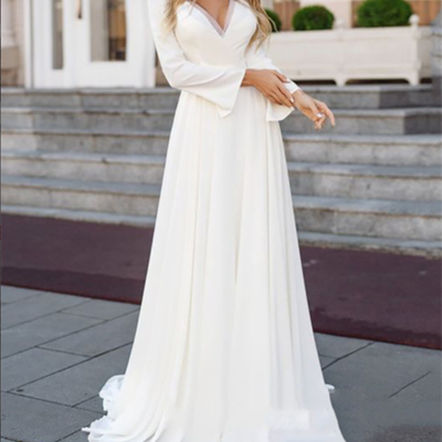 White simple wedding dress long sleeve 2022 boho bridal gown v-neck long bride dresses plus size vintage bohemian appliqued back，1377 - Thumbnail 3