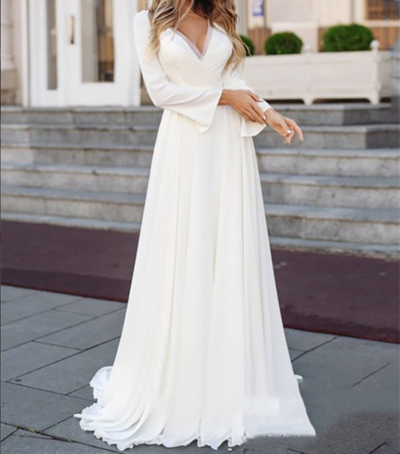White Simple Wedding Dress Long Sleeve 2022 Boho Bridal Gown V-Neck Long Bride Dresses Plus Size Vintage Bohemian Appliqued Back，1377
