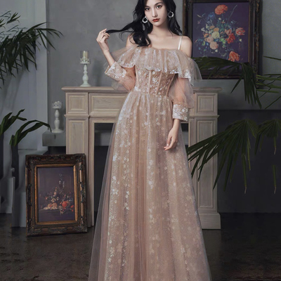 Cute tulle lace long prom dress a line evening dress