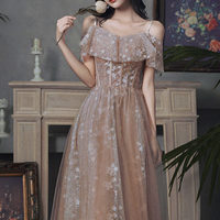 Cute tulle lace long prom dress A line evening dress - Thumbnail 1