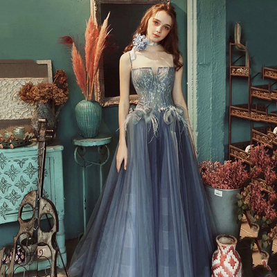 Gray blue tulle lace long prom dress a line evening gown - Thumbnail 1