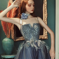 Gray blue tulle lace long prom dress A line evening gown - Thumbnail 2