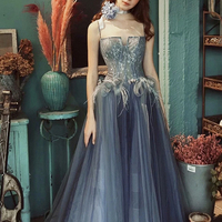 Gray blue tulle lace long prom dress A line evening gown - Thumbnail 4
