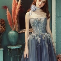 Gray blue tulle lace long prom dress A line evening gown - Thumbnail 3