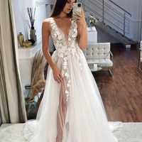 Elegant A-Line V Neck Tulle Lace Wedding Dresses with Slit - Thumbnail 1