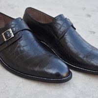 Easter Sale Men's Black Alligator Skin Shoes, Single Monk Strap Leather Shoes - Thumbnail 1