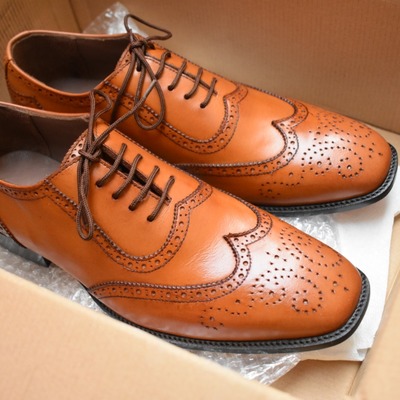 Luxury men's hand stitch oxfords brown wingtip brogue leather lace up shoes - Thumbnail 1