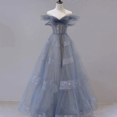 Blue tulle long a line prom dress blue evening dress