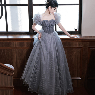 Blue tulle beads long prom dress blue evening dress - Thumbnail 2