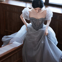 Blue tulle beads long prom dress blue evening dress - Thumbnail 3