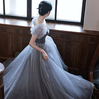 Blue tulle beads long prom dress blue evening dress - Thumbnail 4