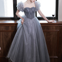 Blue tulle beads long prom dress blue evening dress - Thumbnail 7