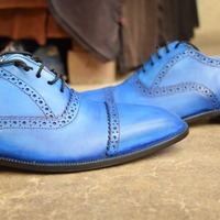 Best Fashion Oxfords Blue Cap Toe Style Leather Lace Up Shoes - Thumbnail 1