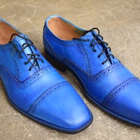 Best Fashion Oxfords Blue Cap Toe Style Leather Lace Up Shoes - Thumbnail 2