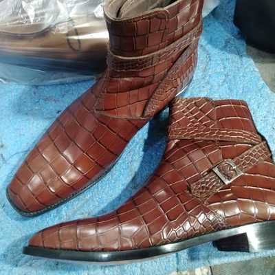 Best fashion brown crocodile skin leather buckle boot