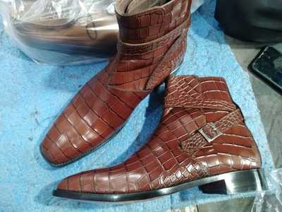 Best Fashion Brown Crocodile Skin Leather Buckle Boot