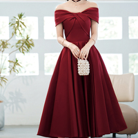 Cute satin short prom dress burgundy evening dress - Thumbnail 1