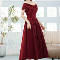 Cute satin short prom dress burgundy evening dress - Thumbnail 2
