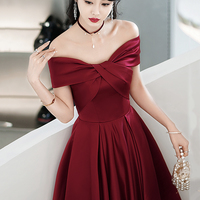 Cute satin short prom dress burgundy evening dress - Thumbnail 3