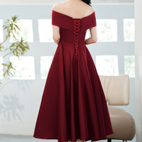 Cute satin short prom dress burgundy evening dress - Thumbnail 5