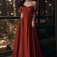 Burgundy satin long prom dress A line evening dress - Thumbnail 5