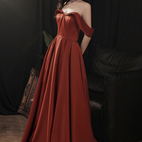 Burgundy satin long prom dress A line evening dress - Thumbnail 4