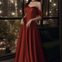 Burgundy satin long prom dress A line evening dress - Thumbnail 3