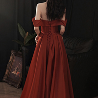 Burgundy satin long prom dress A line evening dress - Thumbnail 6