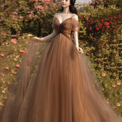 Cute v neck tulle long prom dress a line evening dress - Thumbnail 2