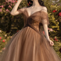 Cute v neck tulle long prom dress A line evening dress - Thumbnail 1