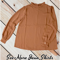 Faith Ruffled Trim Long Sleeve Blouse-Cream, Camel, Black, Navy, Mustard - Thumbnail 1