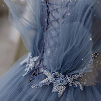 Blue Tulle Beads Long Ball Gown Dress Blue Formal Dress - Thumbnail 4