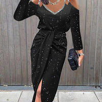 Slim High Waist Long Sleeve V Neck Dress - Thumbnail 1