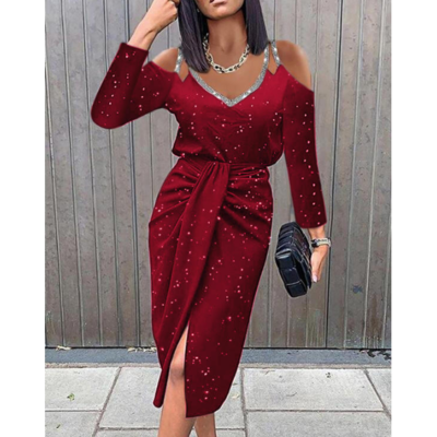 Slim high waist long sleeve v neck dress