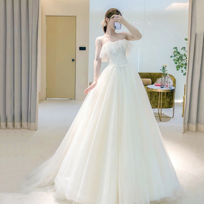 Champagne tulle long a line ball gown dress formal dress - Thumbnail 1