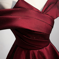 Burgundy Satin Long A Line Prom Dress Evening Dress - Thumbnail 2