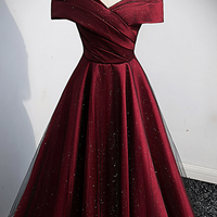 Burgundy Satin Long A Line Prom Dress Evening Dress - Thumbnail 4