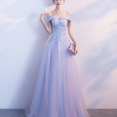 Cute tulle lace long prom dress a line evening dress - Thumbnail 3