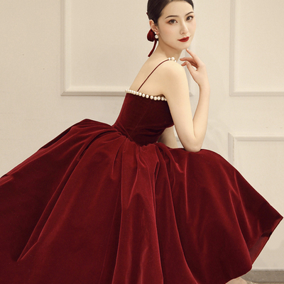Stylish velvet short prom dress burgundy evening dress - Thumbnail 3