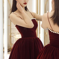 Stylish velvet short prom dress burgundy evening dress - Thumbnail 2