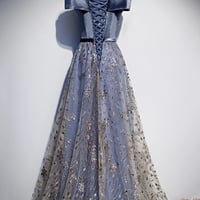 Blue tulle sequins long prom dress blue evening dress - Thumbnail 4