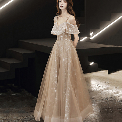 Cute tulle lace long prom dress a line evening dress