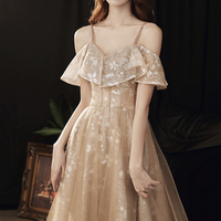 Cute tulle lace long prom dress A line evening dress - Thumbnail 1