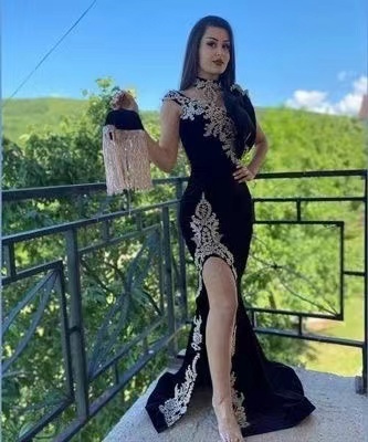 Black Prom Dresses with Gold Appliques