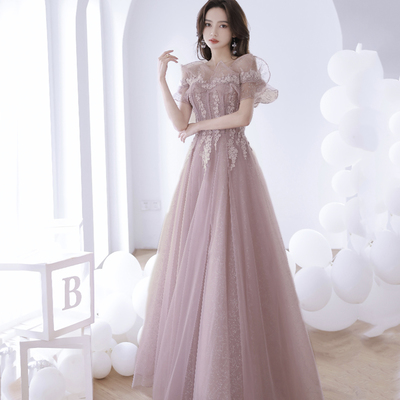 Pink tulle lace long prom dress a  line evening dress - Thumbnail 2