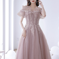 Pink tulle lace long prom dress A  line evening dress - Thumbnail 1